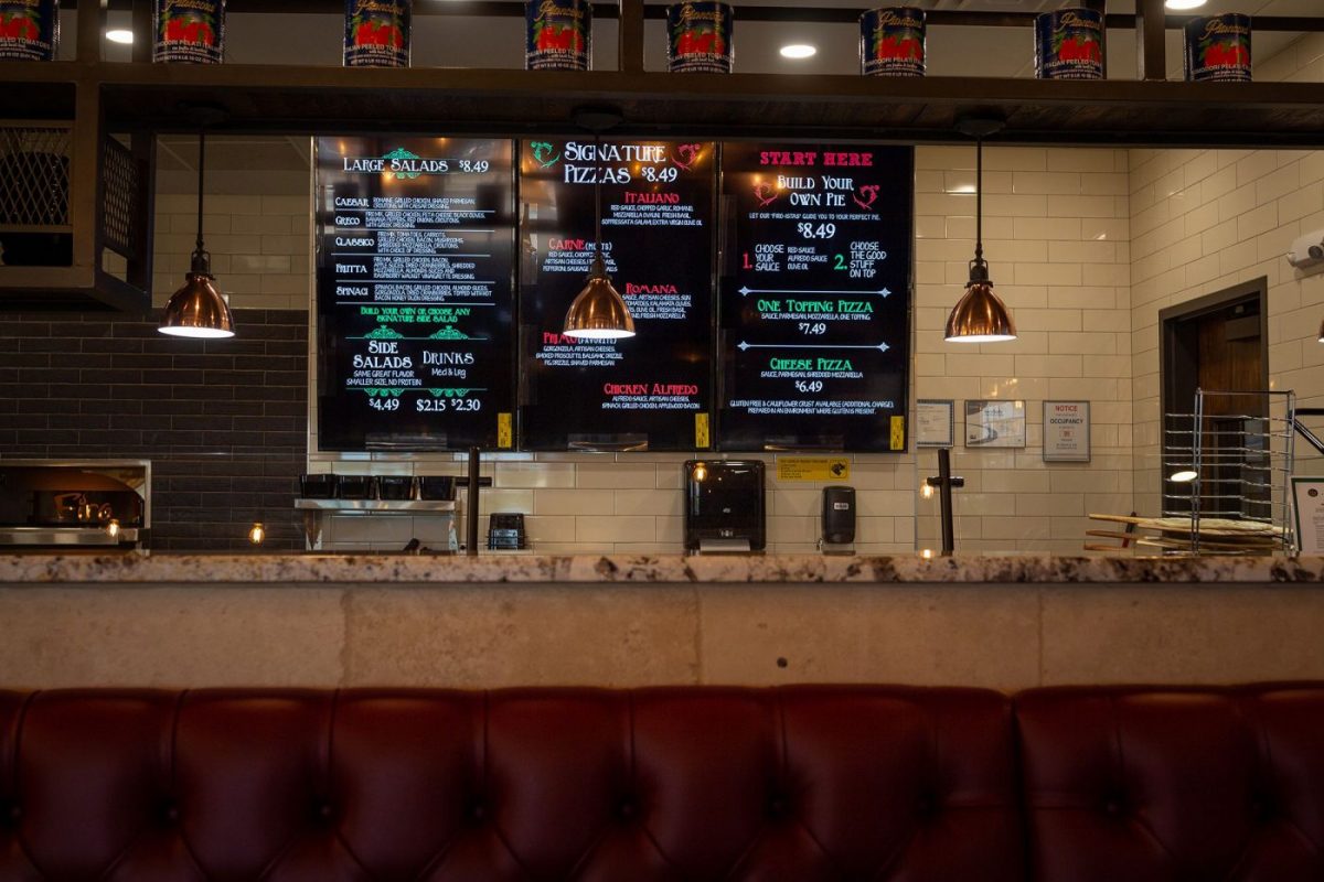 Firo pizza menus behind the serving counter